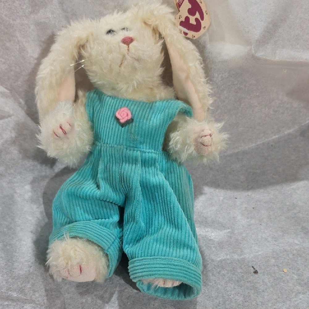 Ty Plush Bunny in Cream Fur with Teal Overalls and Pink Rose